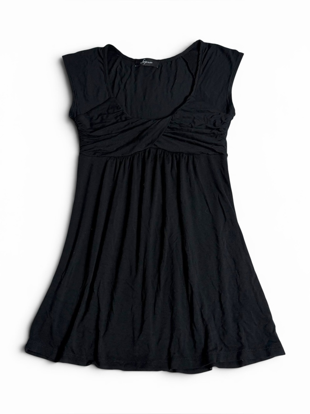 Soprano Ruched Front Empire Waist Black Babydoll Style Flowy Top w/ Cap Sleeves
